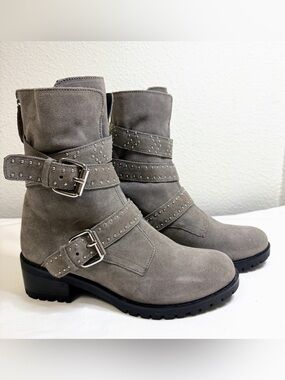 Mint Velvet Taupe Suede Studded Moto Boots Buckle Ankle Boots EU 38